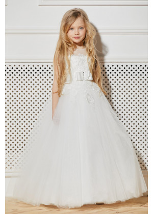 Ivory Embroidered Lace Tulle Timeless Flower Girl Dress